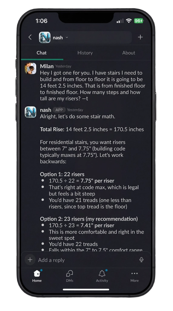 A mobile phone displaying a Slack conversation with an AI assistant for a construction project.